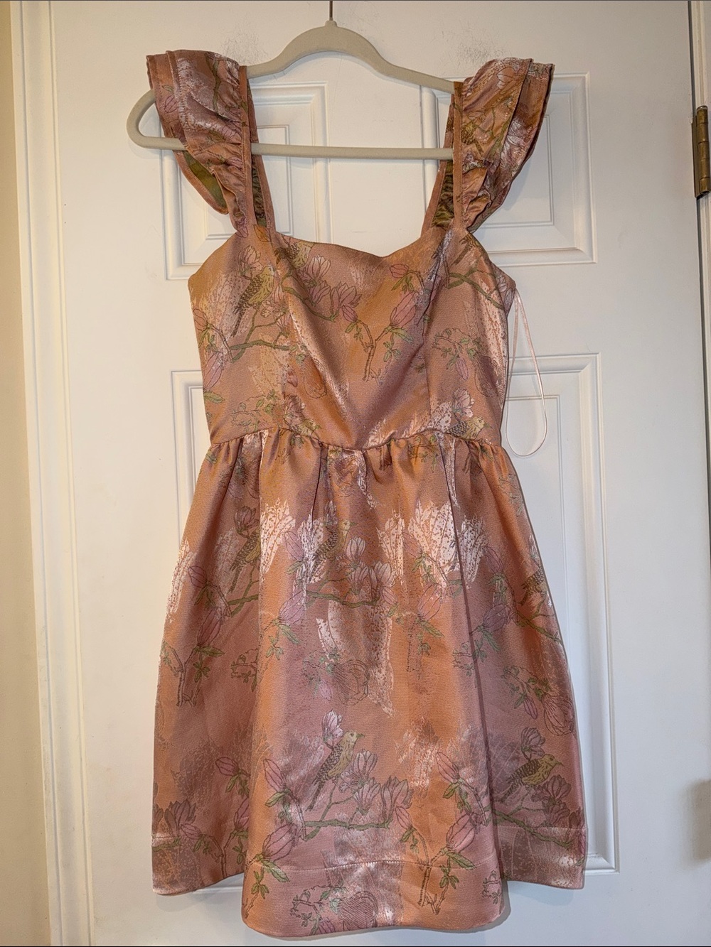 NWT Sugarlips Rose Pink Bird Floral Ruffle-Shoulder Mini Dress S